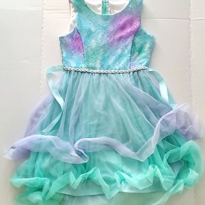 Emily Rose Girls Size 12 Purple Teal and Green Dress with Rhinestone Belt